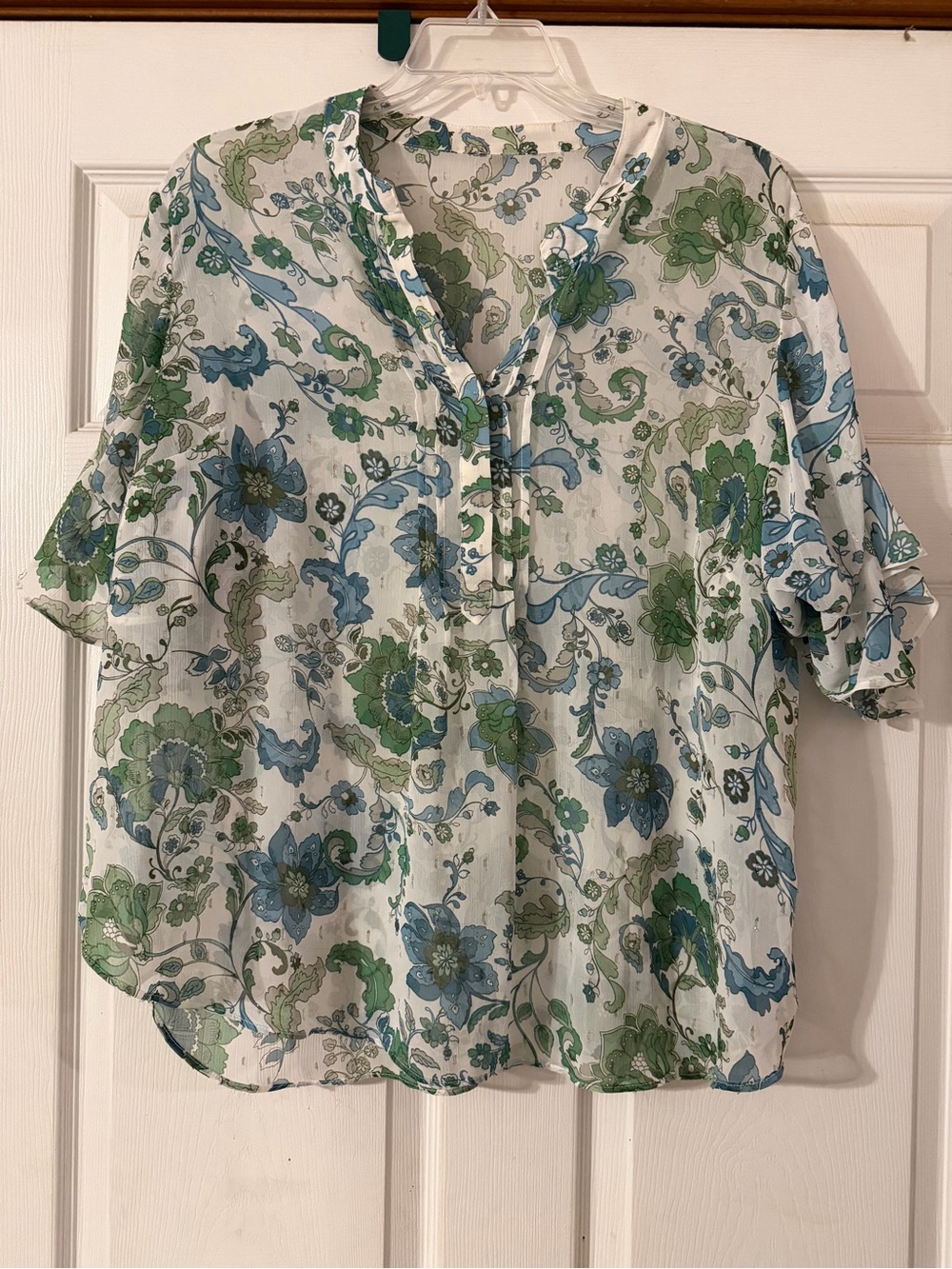 Women's Floral V-Neck Blouse in Blue & Green